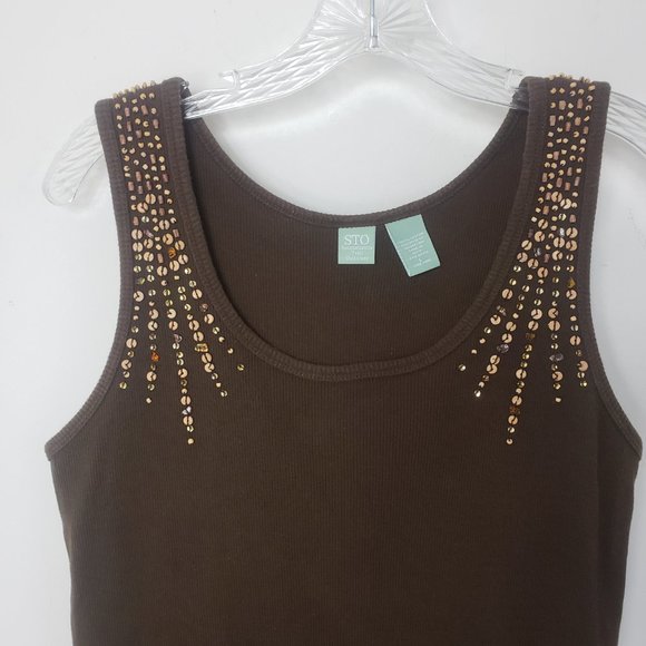 STO Women's Chocolate Sequined Scoop Neck Cotton Shell Shirt Blouse Tank Top - Picture 2 of 11